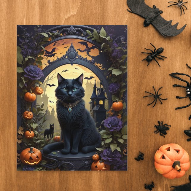 Spooky Black Cat Gothic Halloween Postkarte (Von Creator hochgeladen)