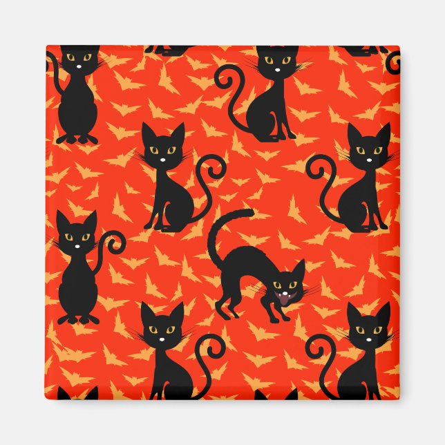 Spooky Black Cat Halloween Orange Bats Magnet (Vorne)