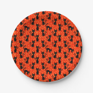 Spooky Black Cat Halloween Orange Bats Pappteller