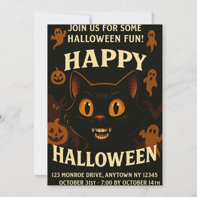 Spooky Black Cat Halloween-Party Einladung (Vorderseite)