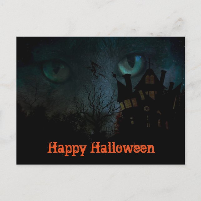 Spooky Black Cat Halloween Postkarte (Vorderseite)