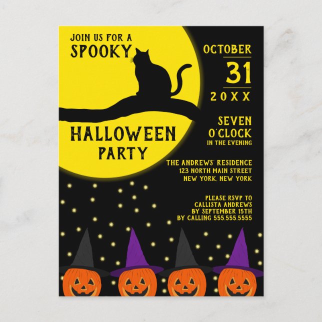 Spooky Black Cat Jack O'lantern Halloween-Party Einladungspostkarte (Vorderseite)