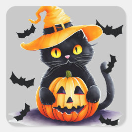 Spooky Black Cat & KürbisHalloween Quadratischer Aufkleber