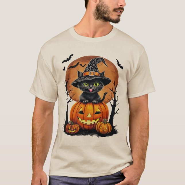 Spooky Black Cat mit KürbisHalloween-Geschenk T-Shirt (Vorderseite)