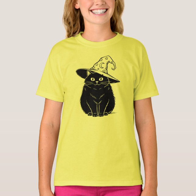 Spooky Black Cat Wizard Halloween Design T-Shirt (Vorderseite)