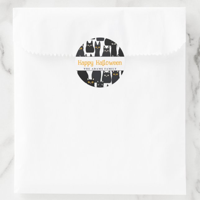 Spooky Black Cats Individuelle Name Happy Hallowee Runder Aufkleber (Tasche)
