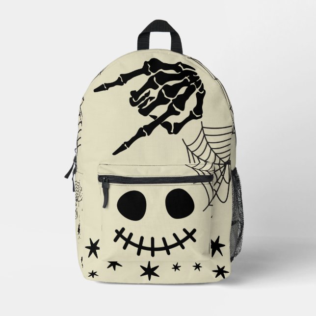 Spooky Black Ghost Spider Web Beige Bedruckter Rucksack (Vorderseite)