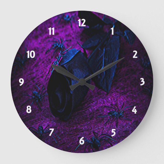Spooky Black Material Rose, Black Spiders Große Wanduhr (Vorderseite)