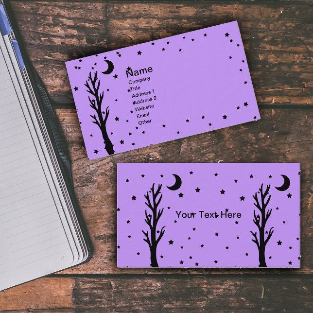 Spooky Black Tree Moon Stars Lila Visitenkarte (Spooky black barren tree black crescent moon stars on purple business cards.)