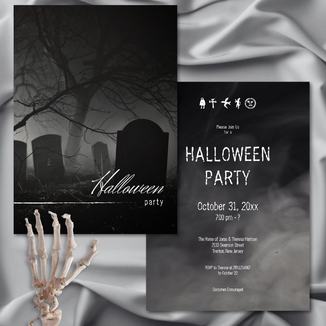 Spooky Black & White Friedhof Halloween-Party Einladung (Spooky Black & White Cemetery Halloween Party Invitation)