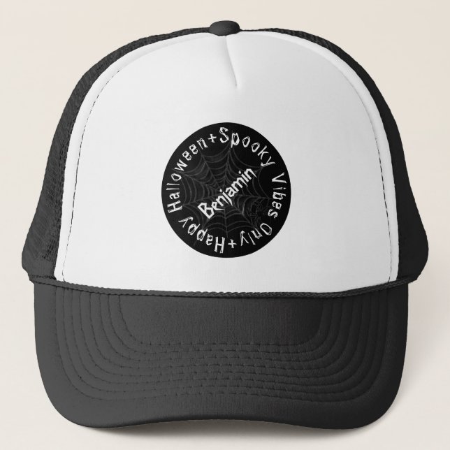 Spooky Black & White Happy Halloween Baseball Hats Truckerkappe (Vorderseite)