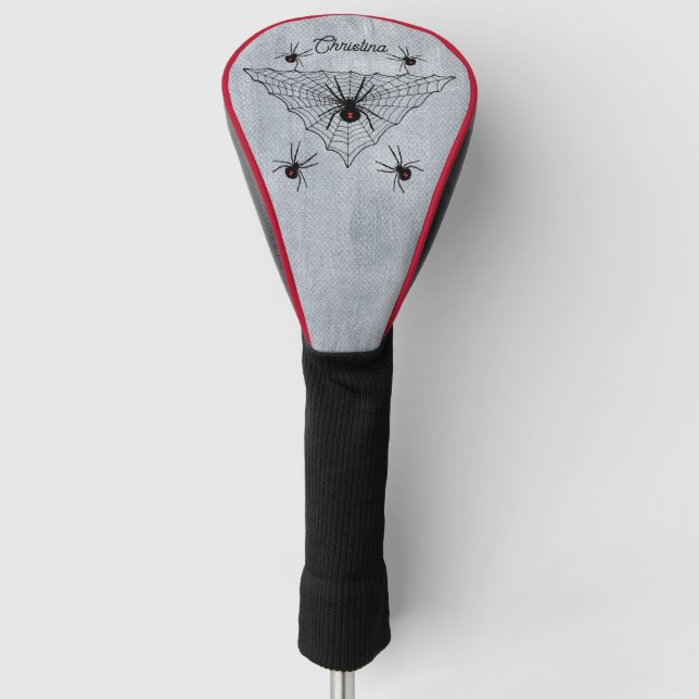 Spooky Black Widow Spiders Red Hourglass Web weiß Golf Headcover (Vorderseite)