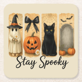 "Spooky Bleibe" Halloween Pinselstriche Katze Rechteckiger Pappuntersetzer