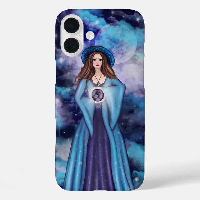 SPOOKY BLUE & LILA HALLOWEEN WITCH & VOLLMOND iPhone 16 PLUS HÜLLE (Rückseite)