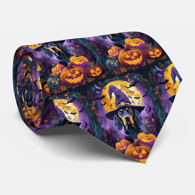 Spooky Bluetick Coonhound Halloween Hexenkürbis Krawatte (Gerollt)