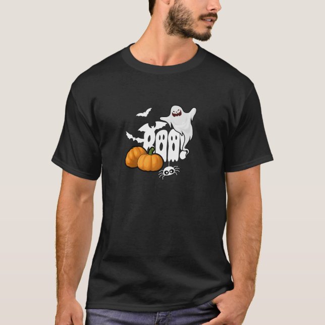 Spooky "Boo!" Geist, Pumpkins & Spider Halloween T-Shirt (Vorderseite)