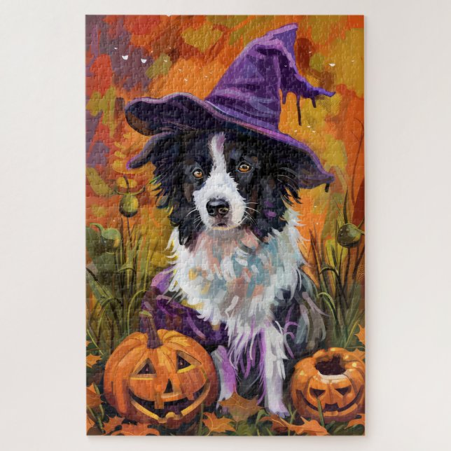 Spooky Border Collie Halloween Hexe und Kürbis (Vertikal)
