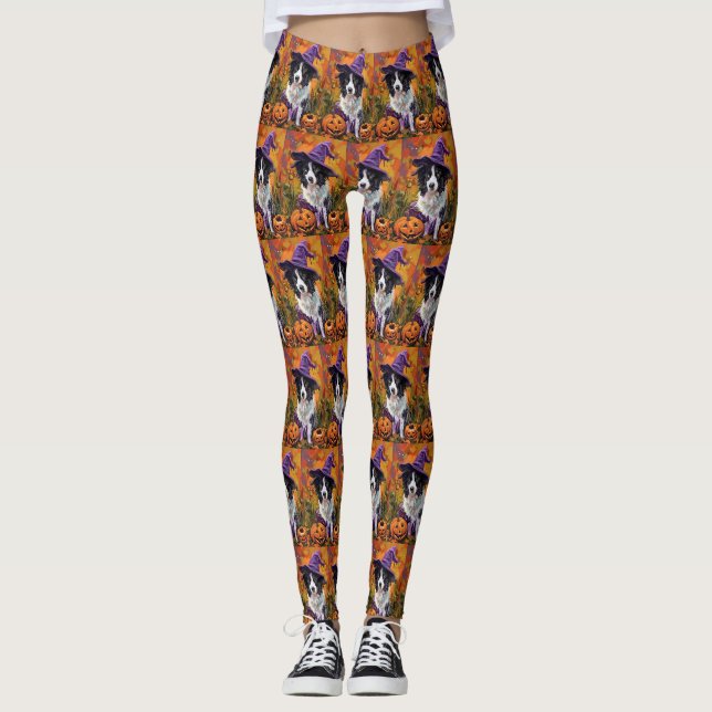 Spooky Border Collie Halloween Hexe und Kürbis Leggings (Vorderseite)