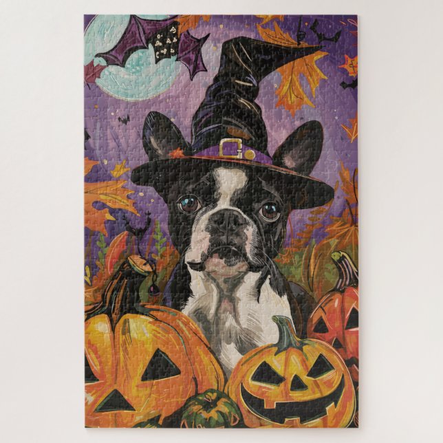 Spooky Boston Terrier Halloween Hexe und Pumpkin (Vertikal)