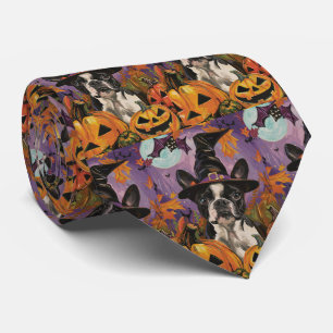 Spooky Boston Terrier Halloween Hexe und Pumpkin Krawatte