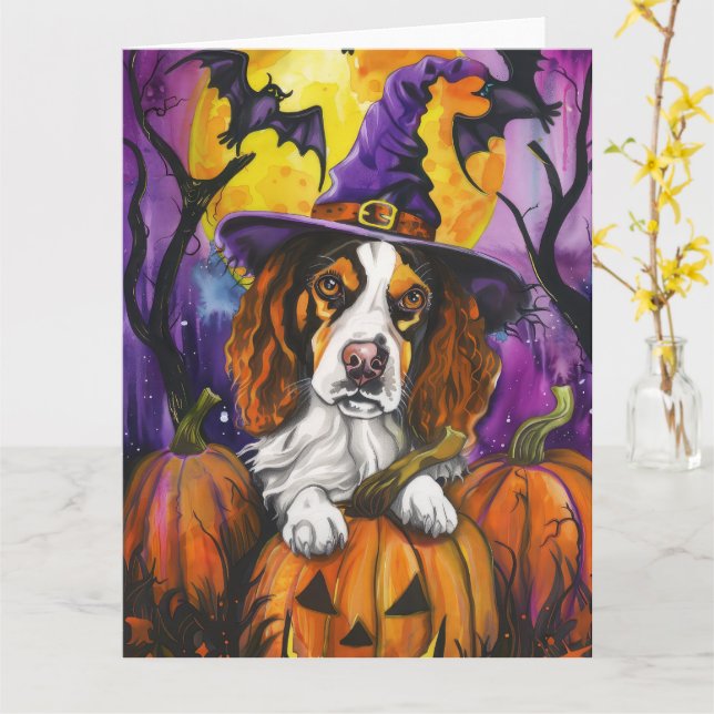 Spooky Brittany Spanisch Halloween Hexenkürbis Karte (Gelbe Blume)