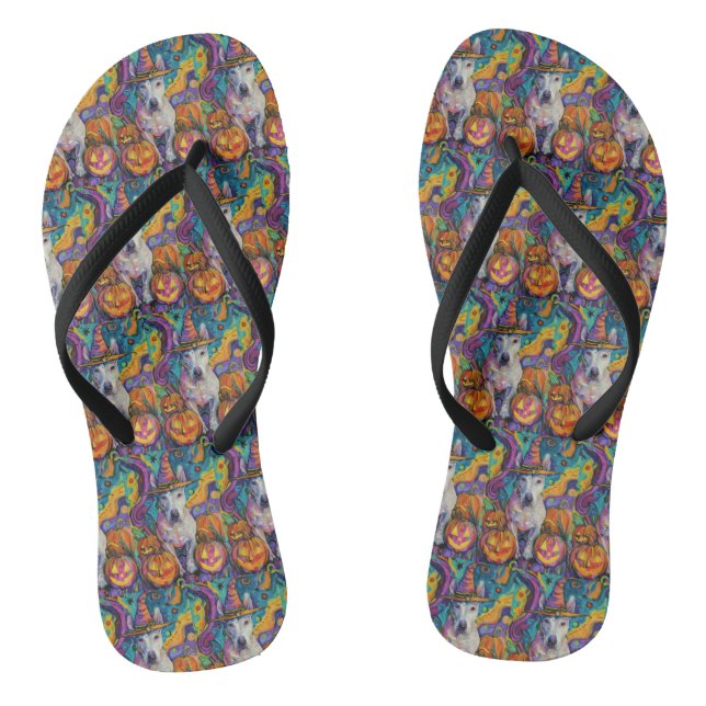Spooky Bull Terrier Halloween Hexe und Pumpkin Flip Flops (Fußbett)