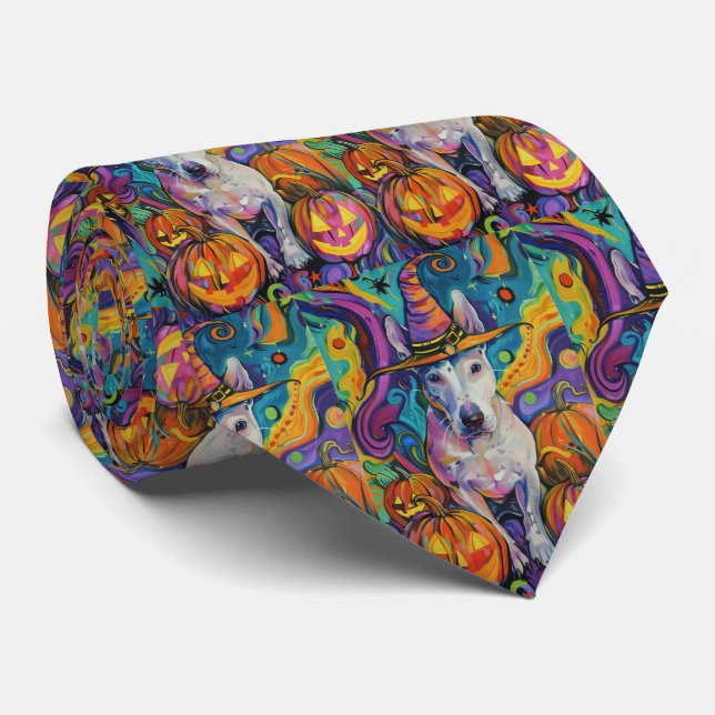 Spooky Bull Terrier Halloween Hexe und Pumpkin Krawatte (Gerollt)
