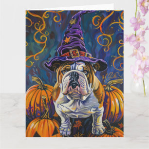 Spooky Bulldog Halloween Hexe und Kürbis Karte