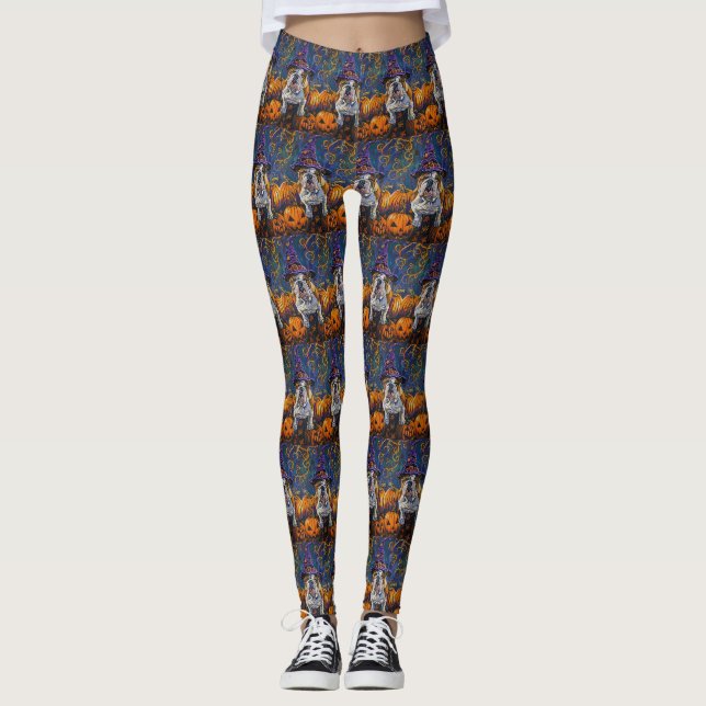 Spooky Bulldog Halloween Hexe und Kürbis Leggings (Vorderseite)