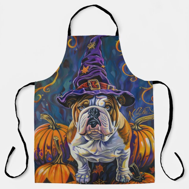 Spooky Bulldog Halloween Hexe und Kürbis Schürze (Vorderseite)