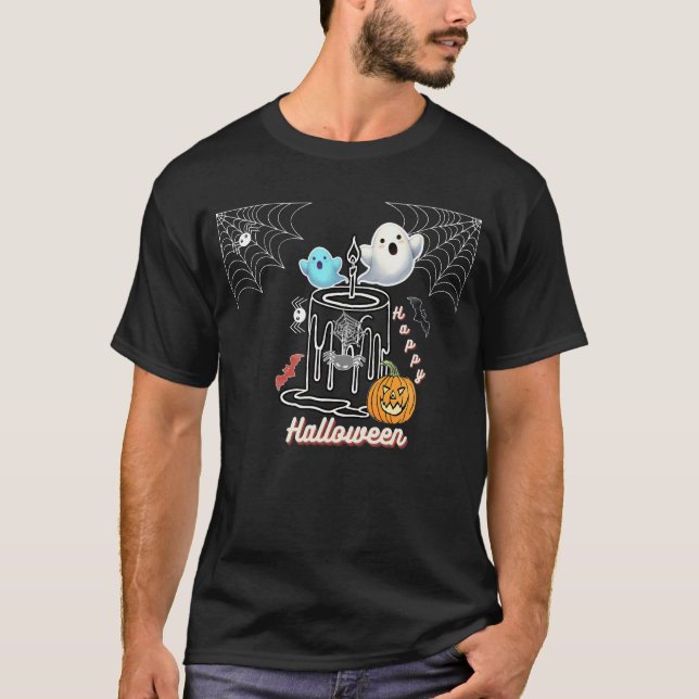 Spooky Candle Halloween Design mit Geistern und Pu T-Shirt (Vorderseite)