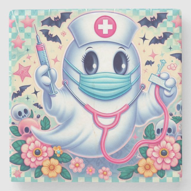 Spooky Cartoon Ghost Nurse: Halloween Art Steinuntersetzer (Vorderseite)