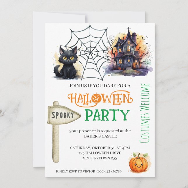 Spooky Cat and Castle Halloween-Party Einladung (Vorderseite)