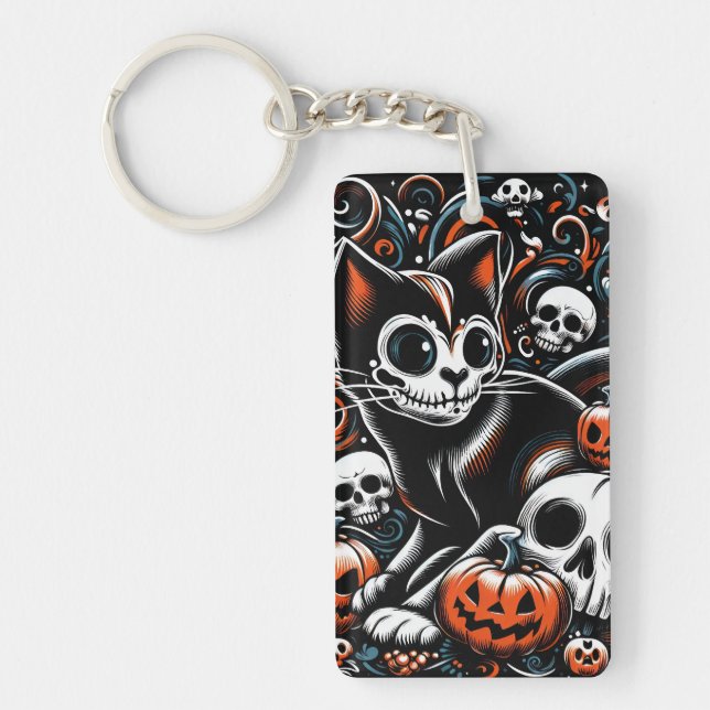 Spooky Cat mit Skullen Schlüsselanhänger (Vorderseite)