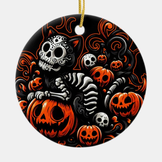 Spooky Cat und Pumpkins Keramik Ornament (Vorne)