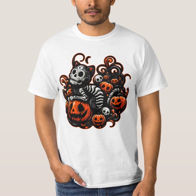 Spooky Cat und Pumpkins T-Shirt (Vorderseite)