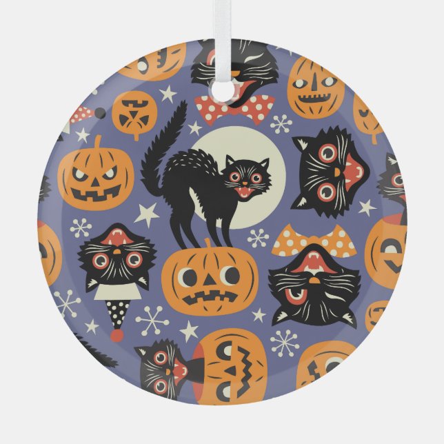 Spooky Cats Pumpkins Lila Muster Ornament Aus Glas (Vorderseite)