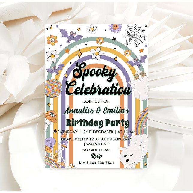 Spooky Celebration Groovy Rainbow Birthday Party Einladung (Von Creator hochgeladen)
