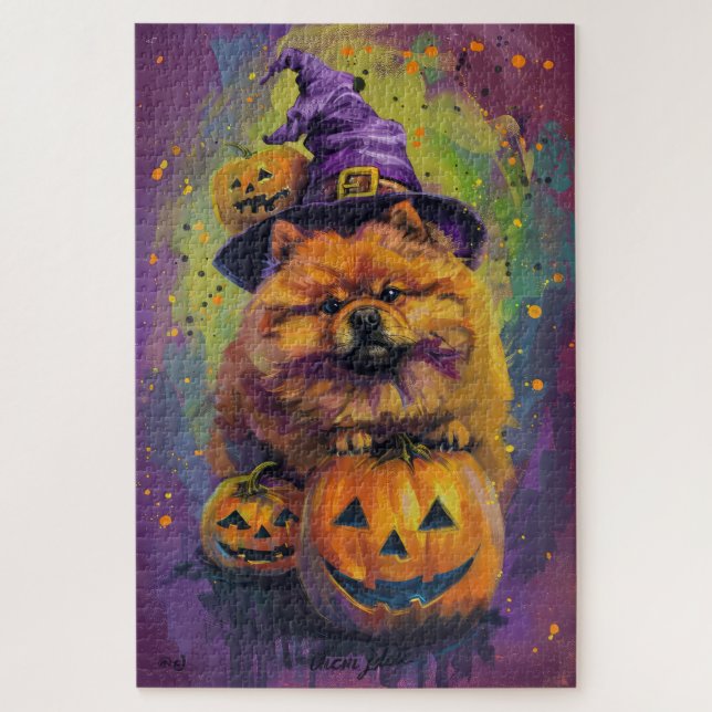 Spooky Chow Chow Hund Halloween Hexe und Pumpkin (Vertikal)