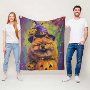 Spooky Chow Chow Hund Halloween Hexe und Pumpkin Fleecedecke
