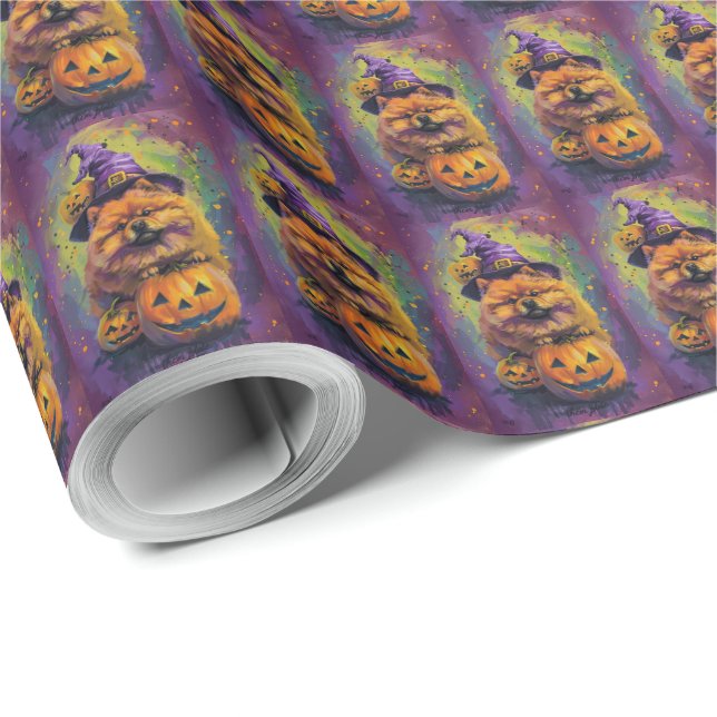 Spooky Chow Chow Hund Halloween Hexe und Pumpkin Geschenkpapier (Rolleneckpunkt)