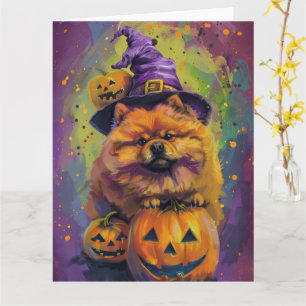 Spooky Chow Chow Hund Halloween Hexe und Pumpkin Karte