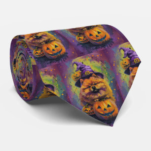 Spooky Chow Chow Hund Halloween Hexe und Pumpkin Krawatte