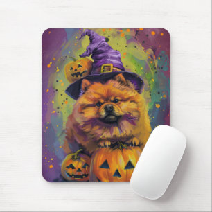 Spooky Chow Chow Hund Halloween Hexe und Pumpkin Mousepad