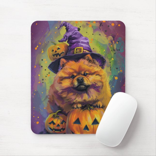Spooky Chow Chow Hund Halloween Hexe und Pumpkin Mousepad (Mit Mouse)