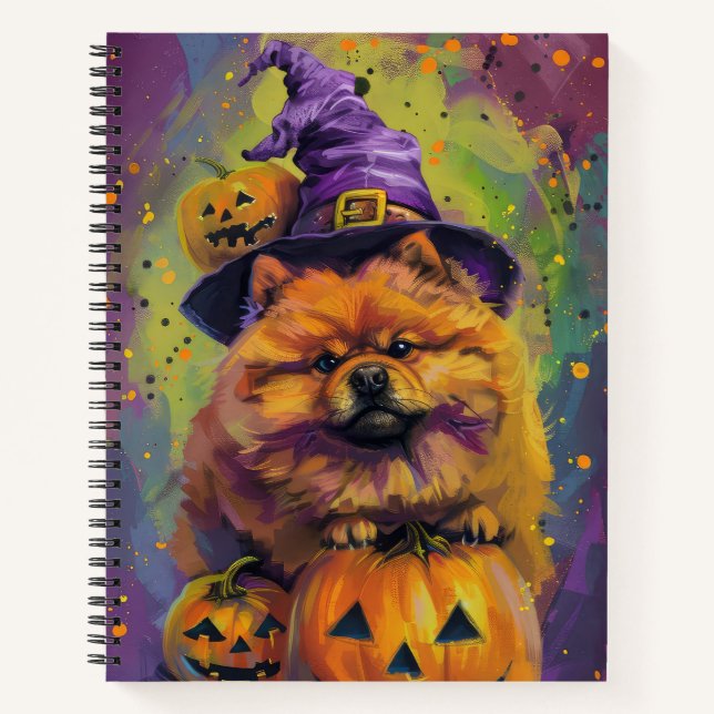 Spooky Chow Chow Hund Halloween Hexe und Pumpkin Notizbuch (Vorderseite)