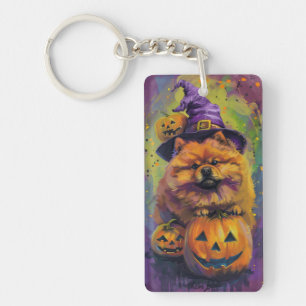 Spooky Chow Chow Hund Halloween Hexe und Pumpkin Schlüsselanhänger