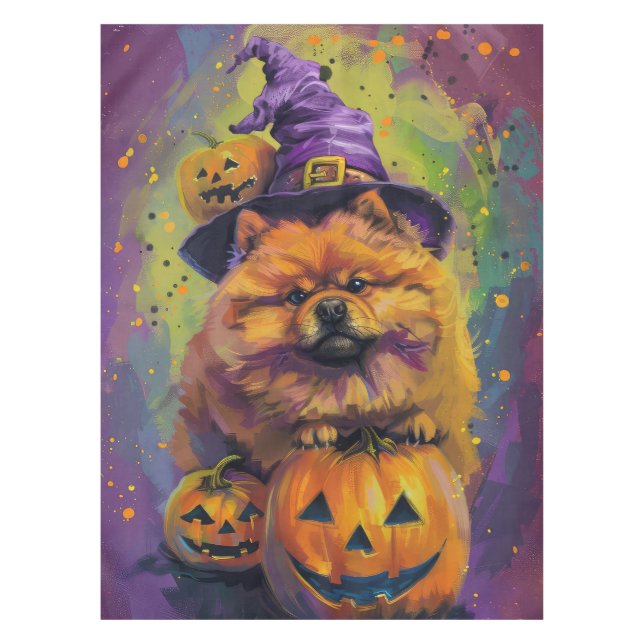 Spooky Chow Chow Hund Halloween Hexe und Pumpkin Tischdecke (Vorderseite)