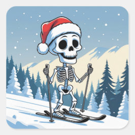 Spooky Christmas Skeleton on Skis Quadratischer Aufkleber