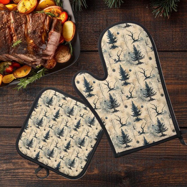 Spooky Christmas Tree Ofenhandschuh & Topflappen-Set (winter forest 1)